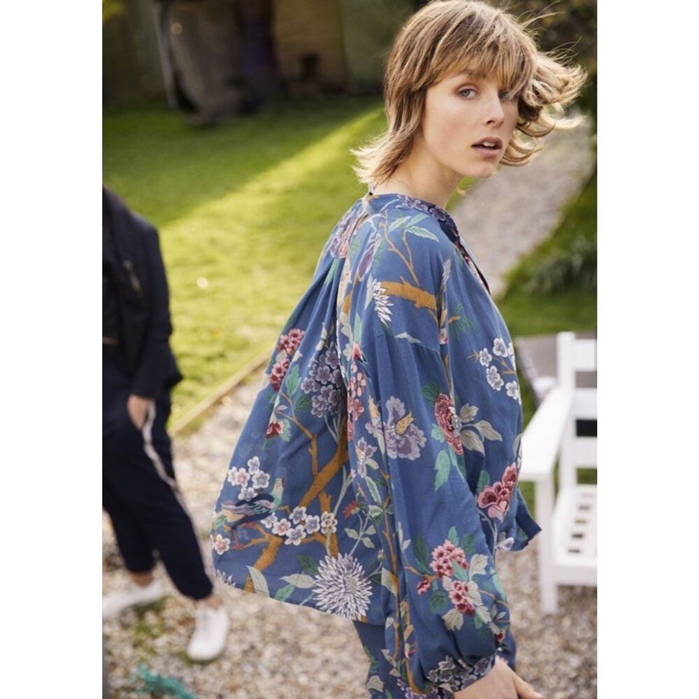 GP & J Baker H&M Floral Bird Balloon Sleeve Top Blouse Size 8 Whimsical Boho